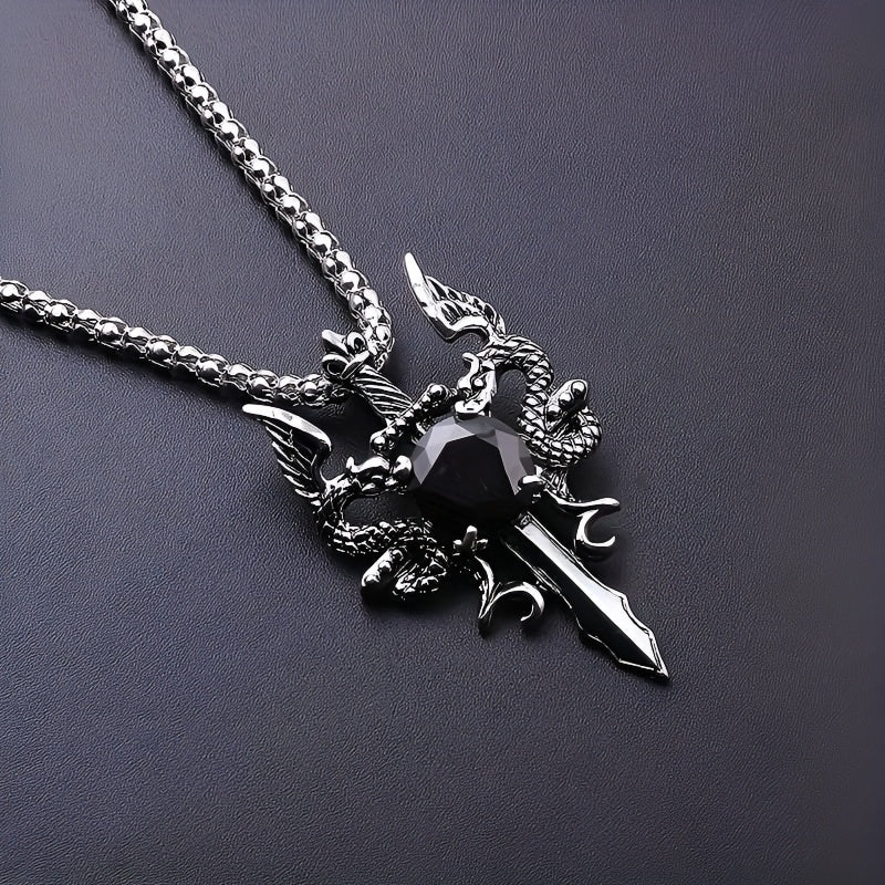 Gothic Knight Double Dragon Cross Sword Pendant Necklace .