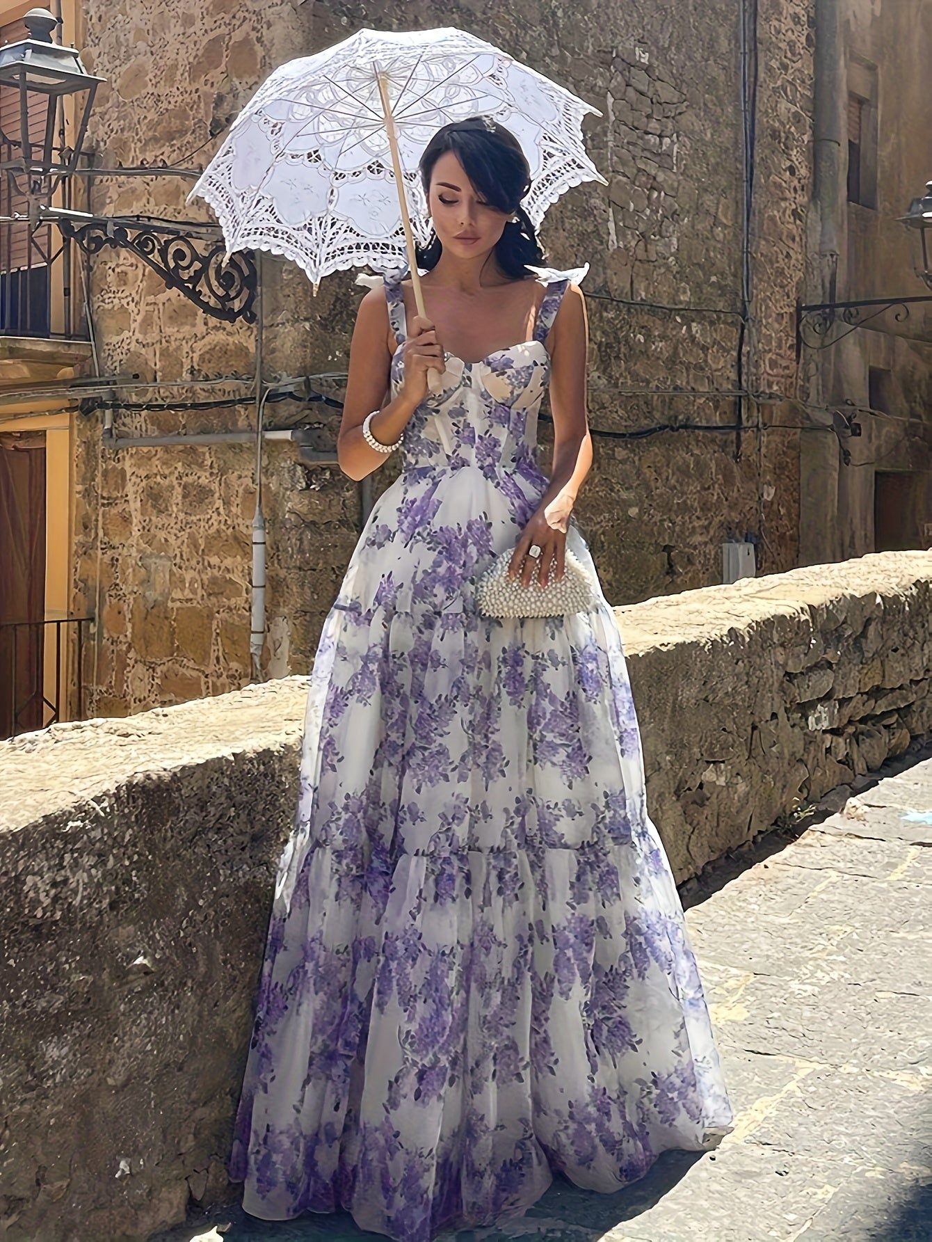 Elegant French Floral Off-Shoulder Long Dress - /MH