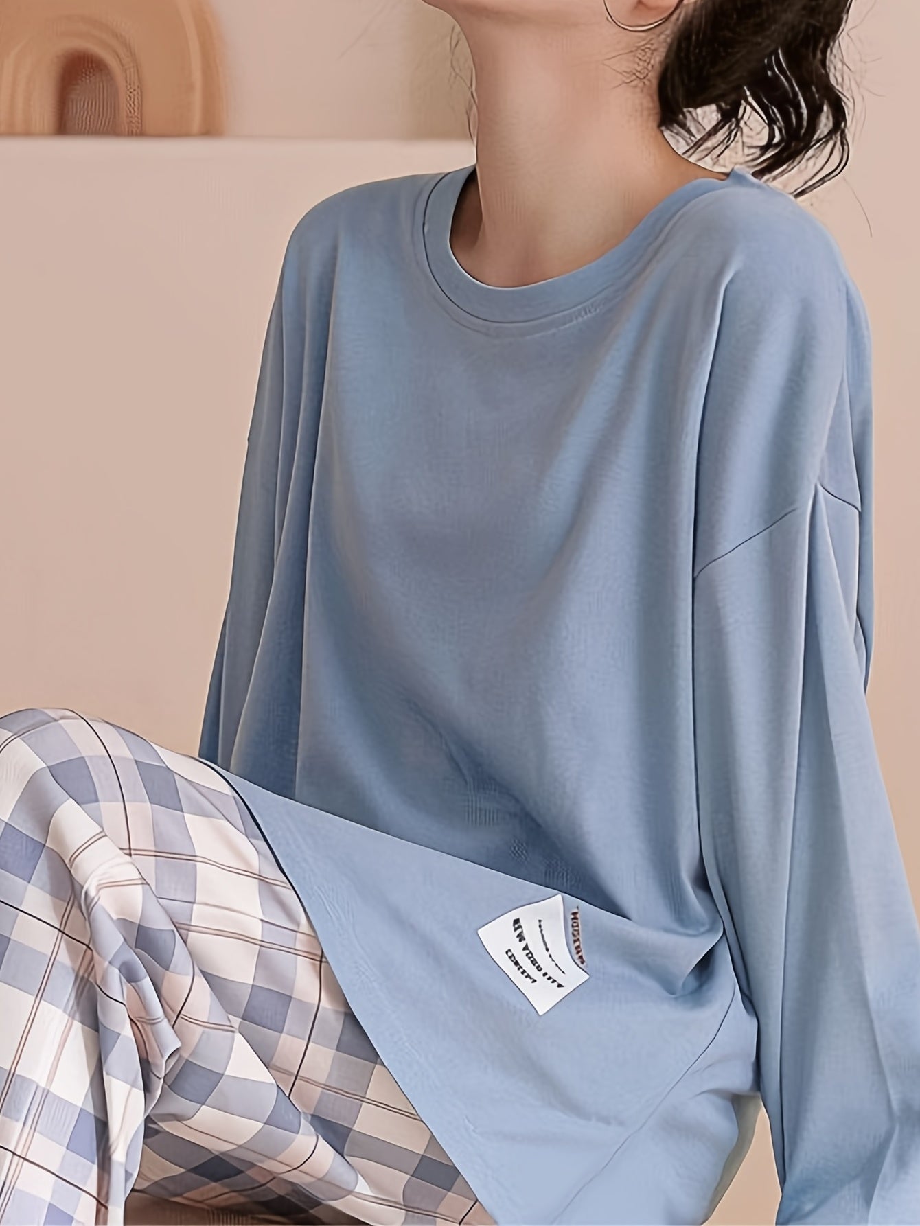Plaid Print Crew Neck Pajamas Set,