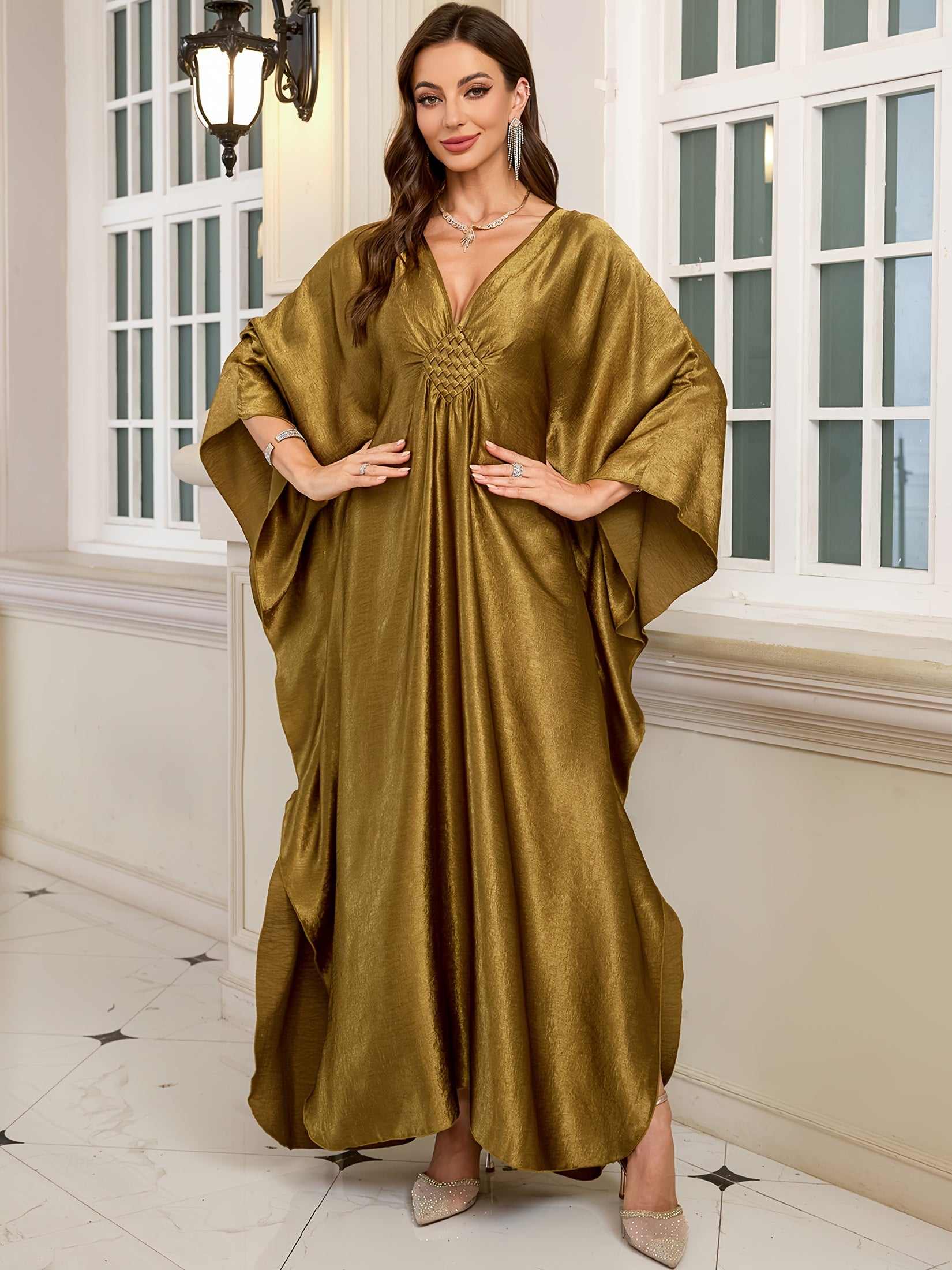 EDOLYNSA Women's Olive Green V-Neck Batwing Sleeve Kaftan ./MH
