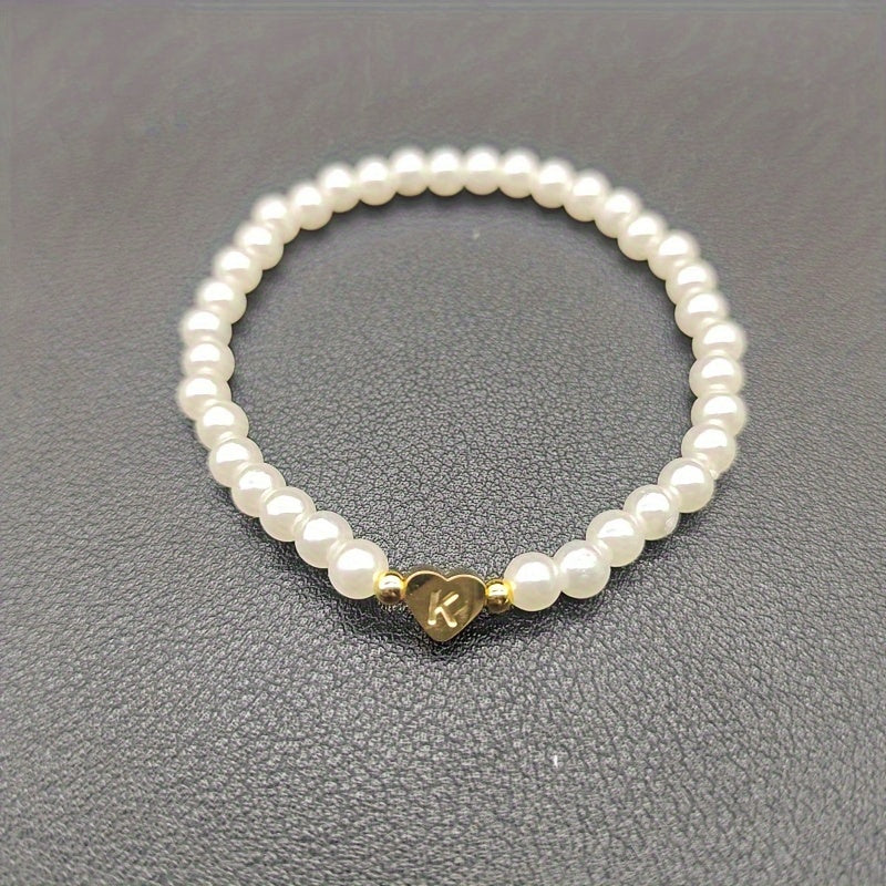 1pc Classic Initial A-Z Lettering Heart Faux Pearl Beaded Bracelet, Elegant Party Jewelry Birthday Gift For Teen Girls