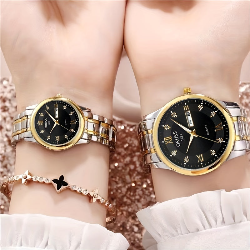 2pcs Luxury Couples Quartz Watch Business Leisure Fashion Analog Calendar Wrist Watch Valentines Gift For Men Women Date Watch