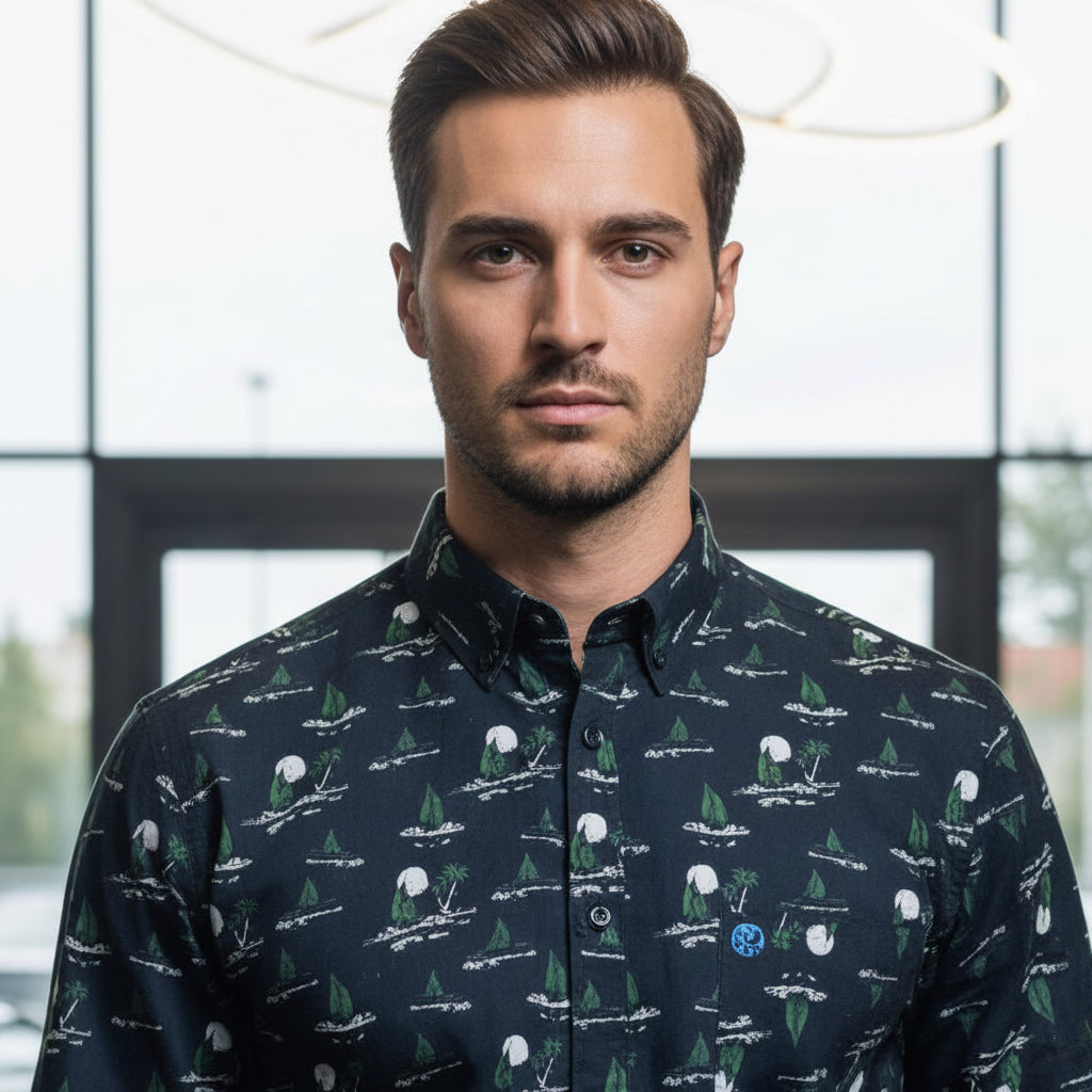 Men's Navy Blue Patterned Shirt - Sailboat & Green Tree Print (Sizes S-XXL) | MH