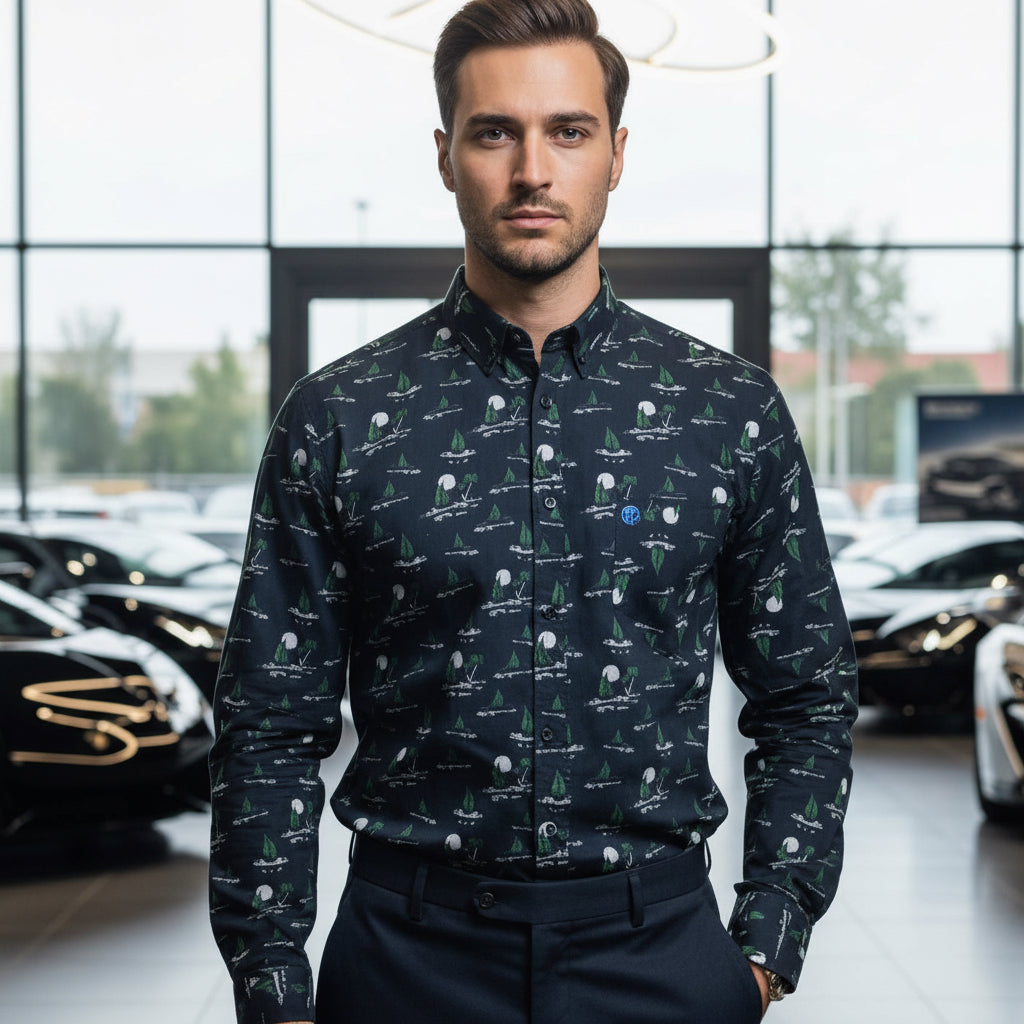 Men's Navy Blue Patterned Shirt - Sailboat & Green Tree Print (Sizes S-XXL) | MH