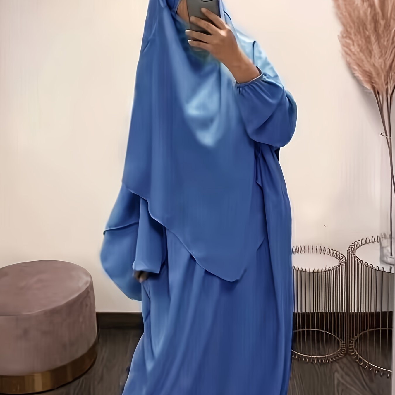 Solid Color Simple Modest Dress, Elegant Long Sleeve Maxi Dress With Hijab, /MH