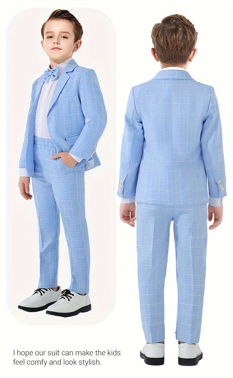 3pcs Boys Formal Plaid Gentleman Outfits, Long Sleeve Blazer.