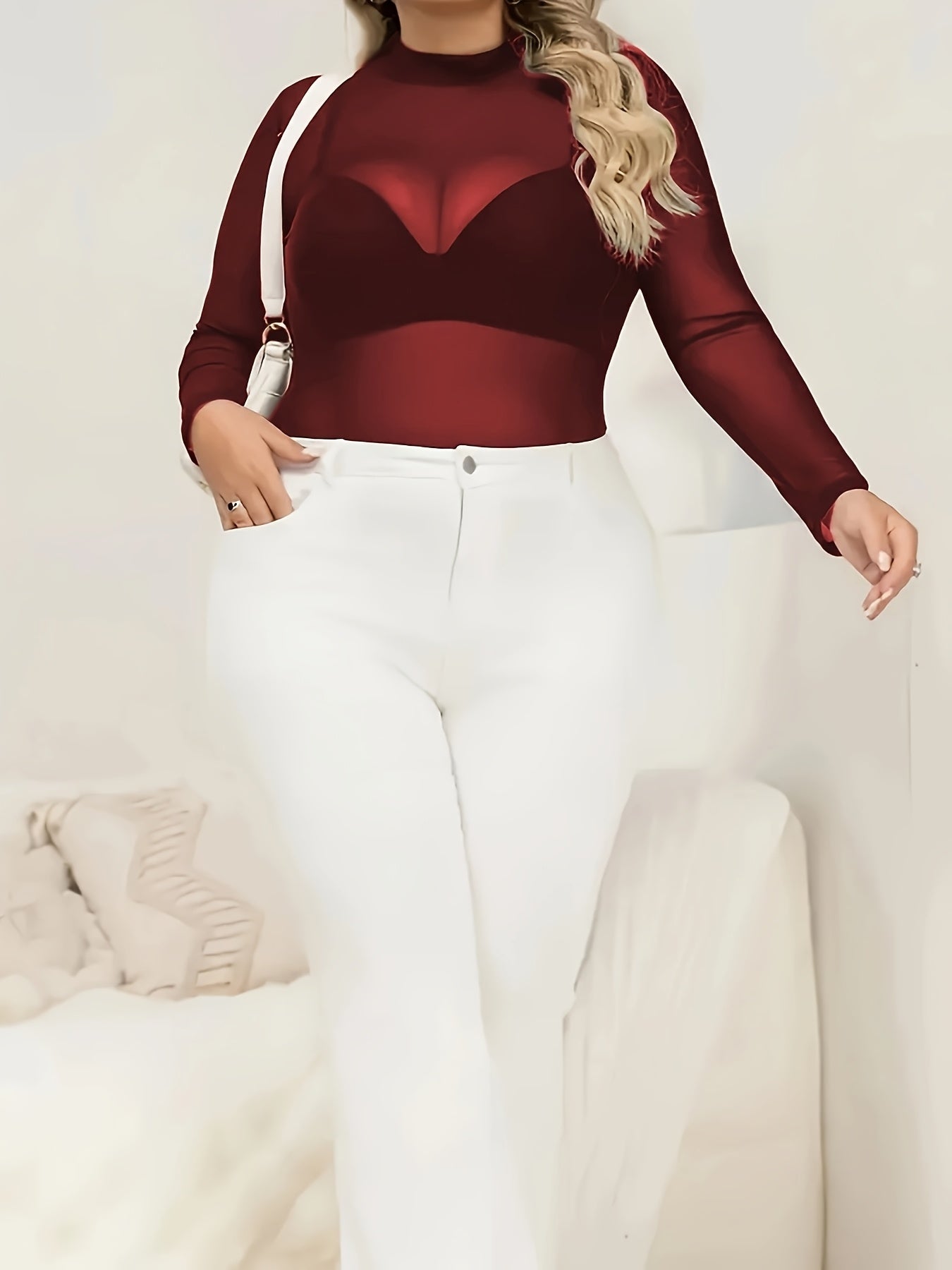 Elegant Plus Size Women's Sheer Mesh Long Sleeve ,/MH