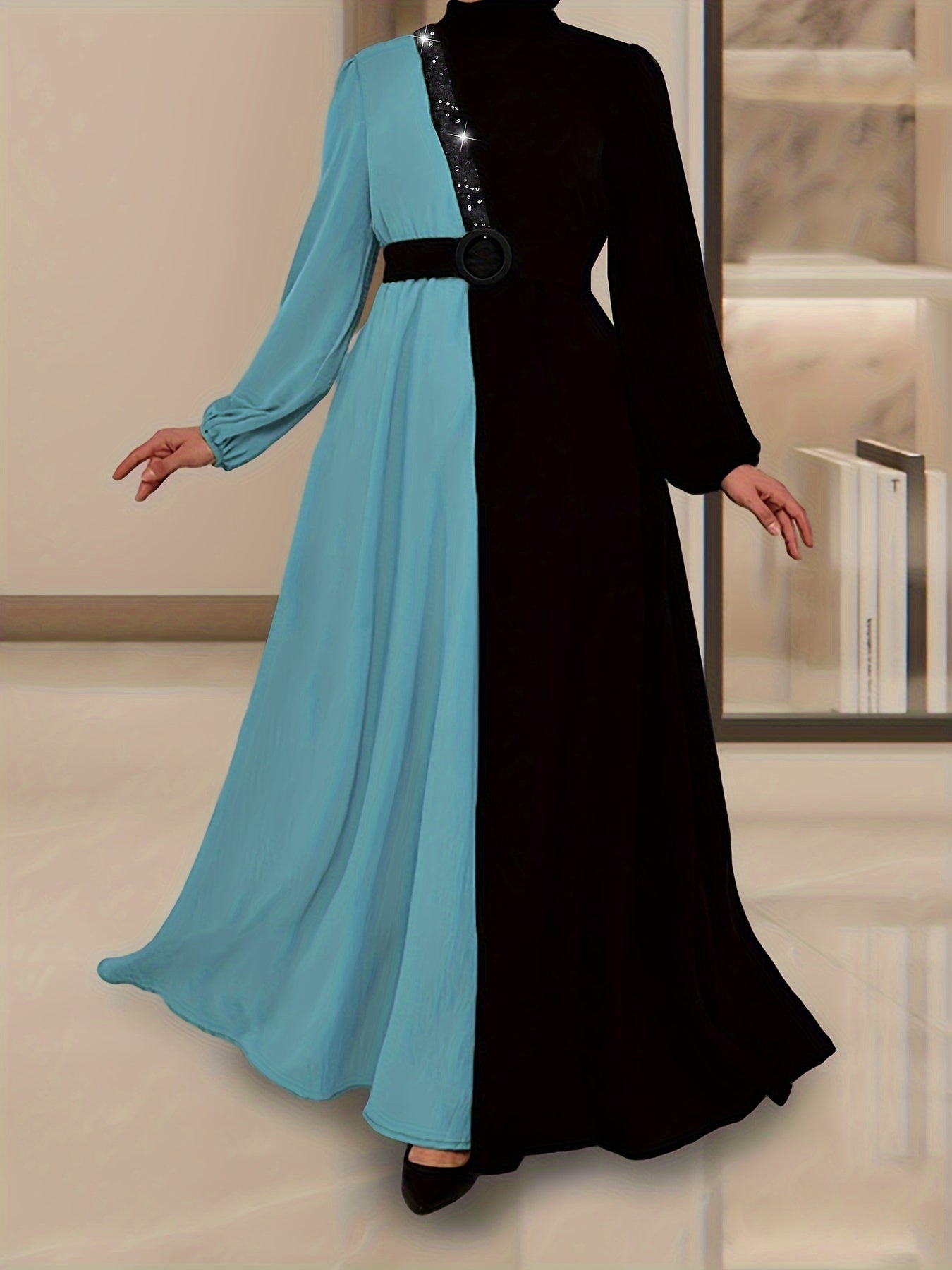 Color Block Long Sleeve Kaftan Dress, /MH