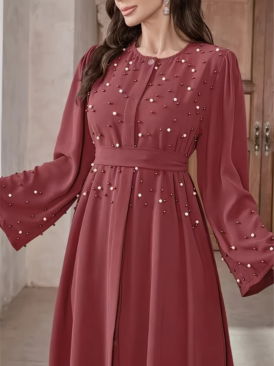 Elegant Pearl Embellished Burgundy Abaya./MH