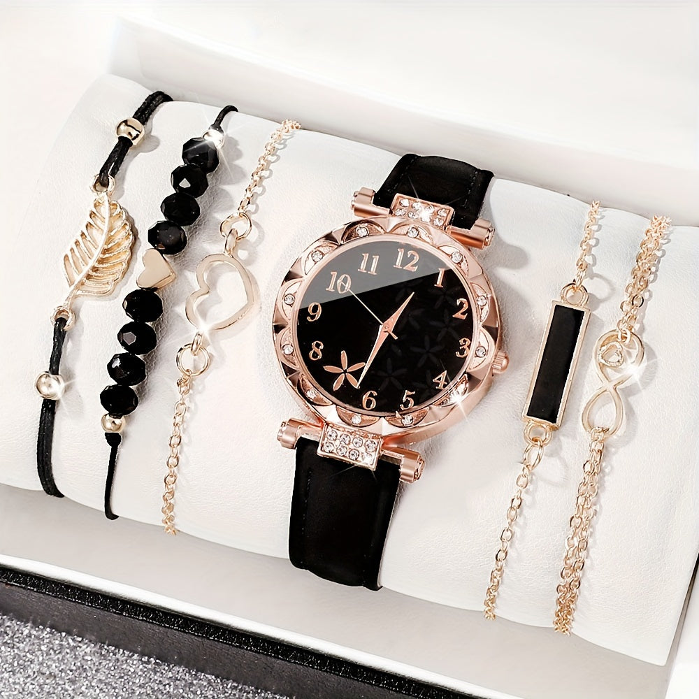 6pcs/set Elegant Flower Rhinestone Quartz Watch Analog PU Leather Wrist Watch & Bracelets, Valentine's Day Ramadan Gifts For Women Her