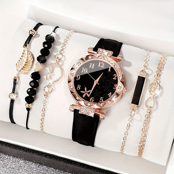 6pcs/set Elegant Flower Rhinestone Quartz Watch Analog PU Leather Wrist Watch & Bracelets, Valentine's Day Ramadan Gifts For Women Her