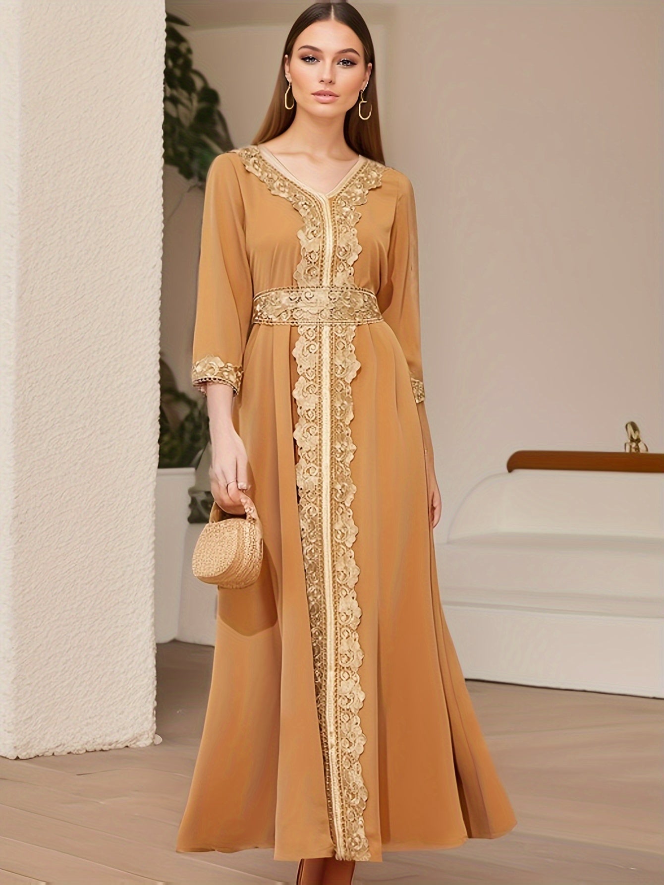 Ramadan Lace Trim V Neck Kaftan, Elegant Long Sleeve 'MH