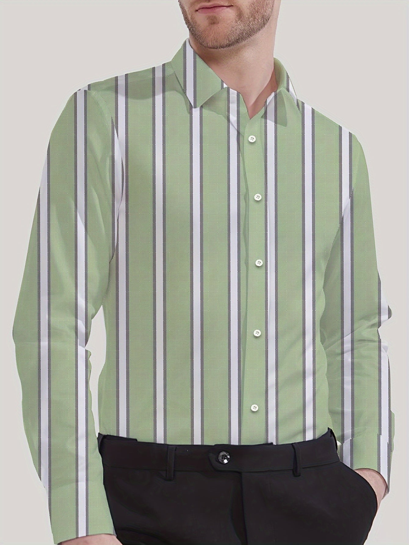 Men's Striped Lapel Collar Dress Shirts, Long Sleeve .