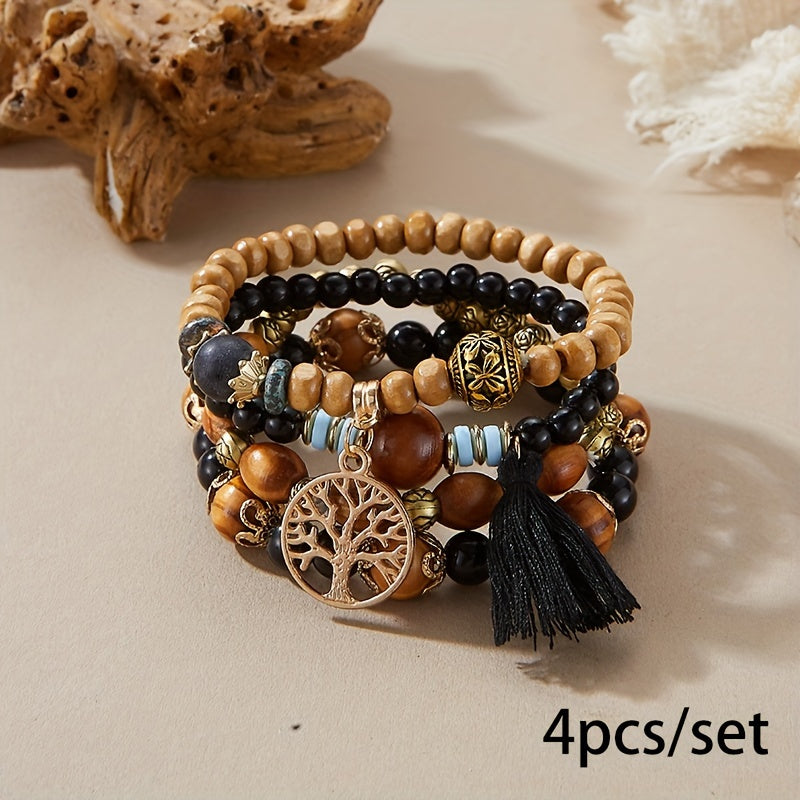 4pcs/set Tree Of Life Pendant Multilayer Beaded Bracelet Round Bead Wooden Bead Bracelet Bohemian Ethnic Jewelry Accessories Handmade -A Stylish Accessory, Father's Day Gift
