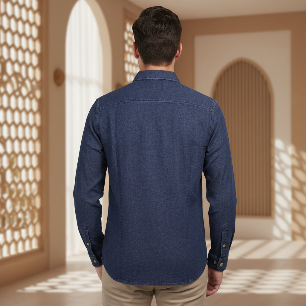 Men’s Blue Denim Button-Up Shirt Long Sleeve Relaxed Fit | Sizes S-XL | MH