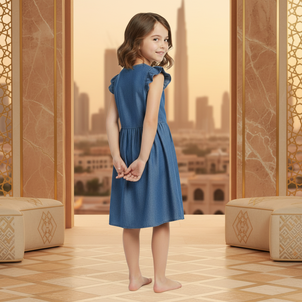 Girls Soft Denim Knee-Length Dress – Lightweight Flutter Sleeve Summer Outfit | Sizes (1-6Years) MH
