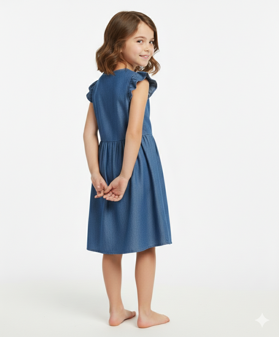 Girls Soft Denim Knee-Length Dress – Lightweight Flutter Sleeve Summer Outfit | MH
