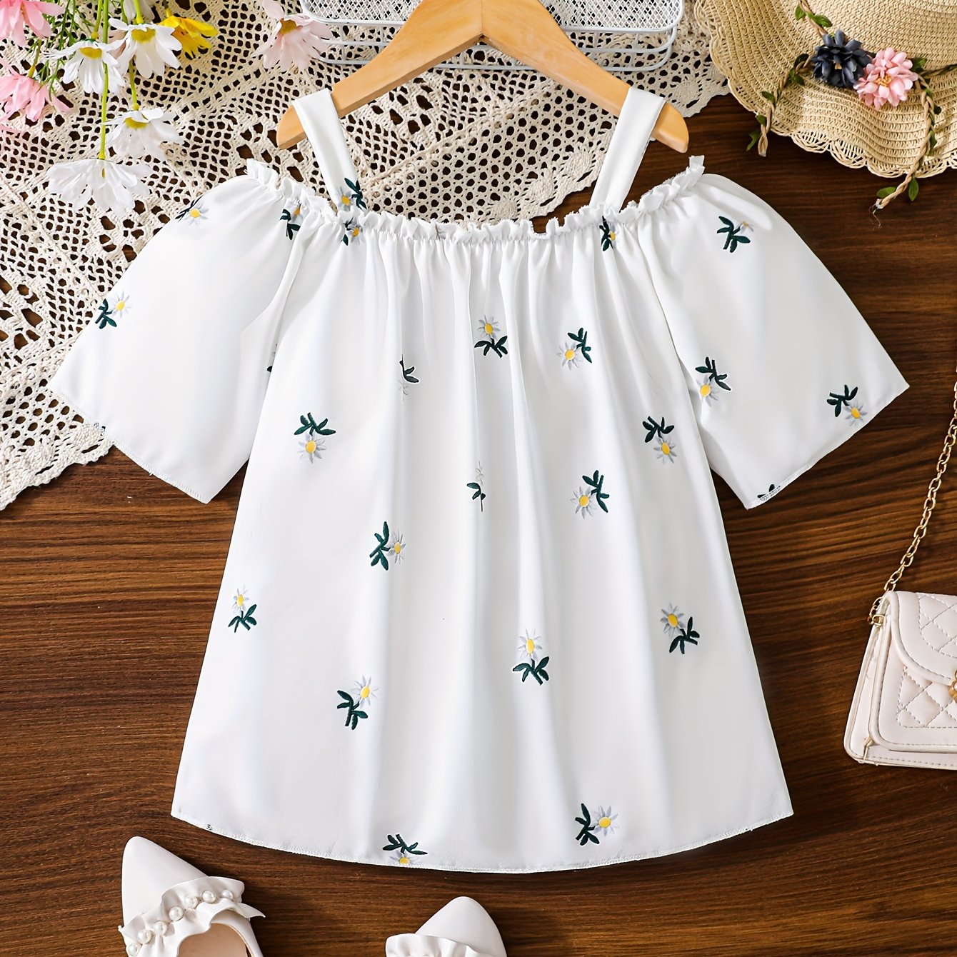 Elegant Girls Floral Ruffle Sleeve Cold Shoulder Top,