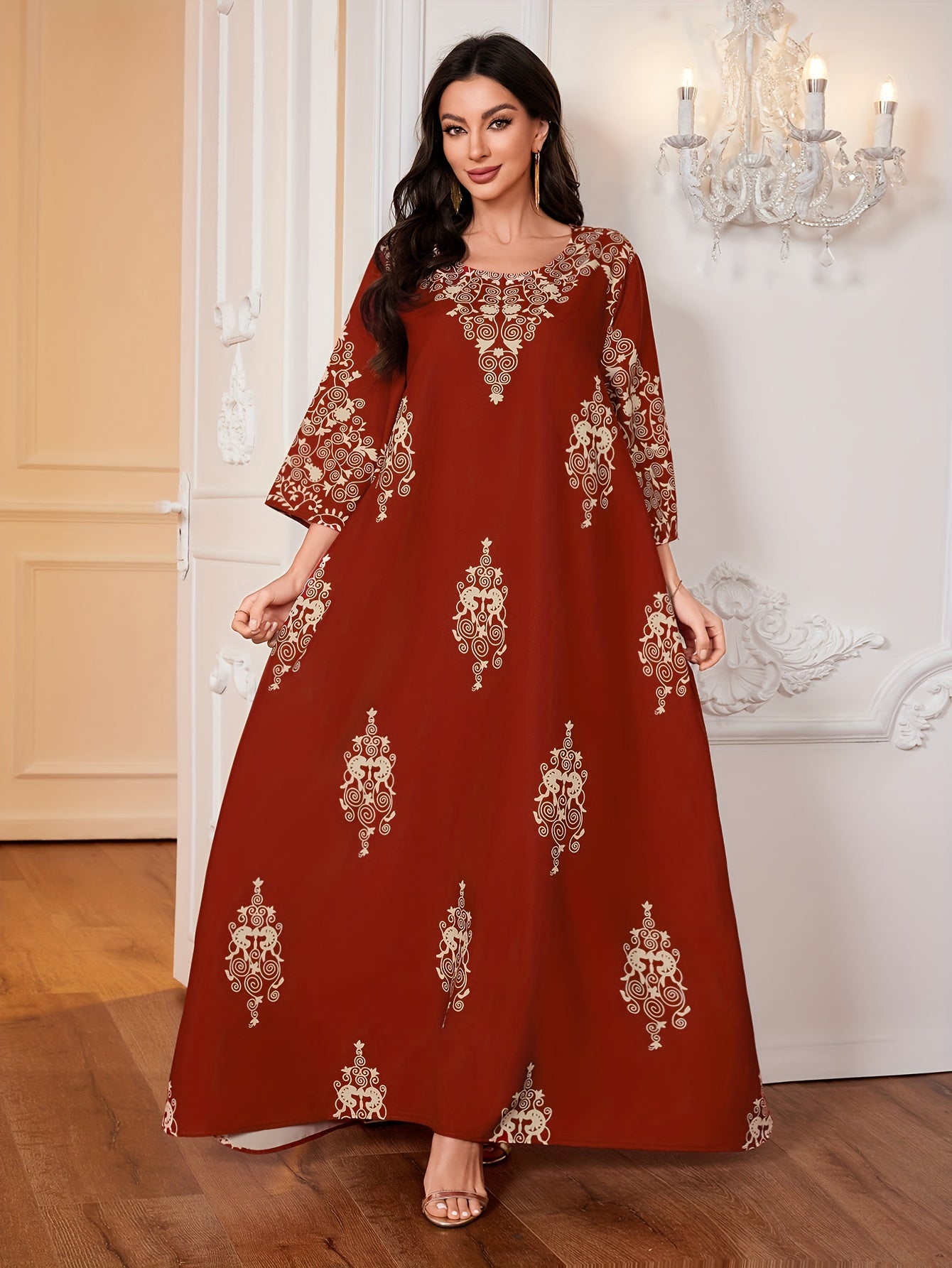 Ramadan Ethnic Floral Print Crew Neck Kaftan Dress, /MH