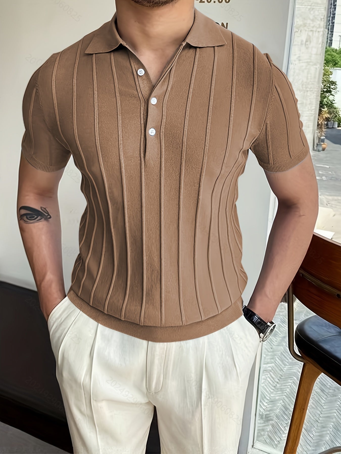 Vertical Striped Chic Shirt, Men's Casual Solid Color High Stretch .