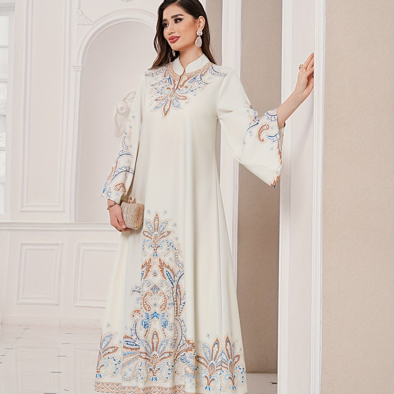 Floral Print Mock Neck Long Sleeve Kaftan Dress, /MH