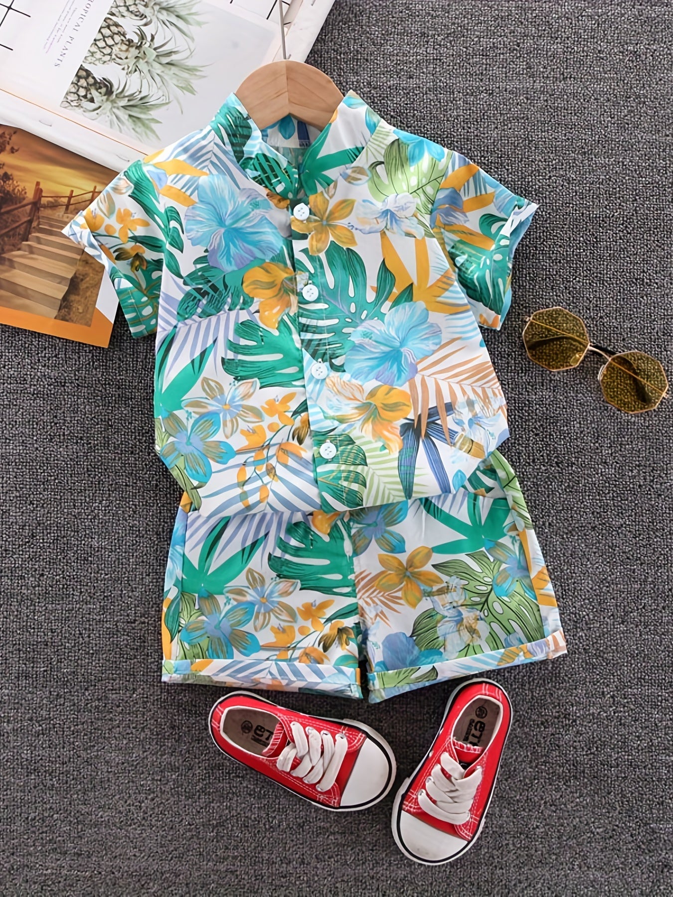 Boys Leaf And Flower Print Casual Outfit Short Sleeves .