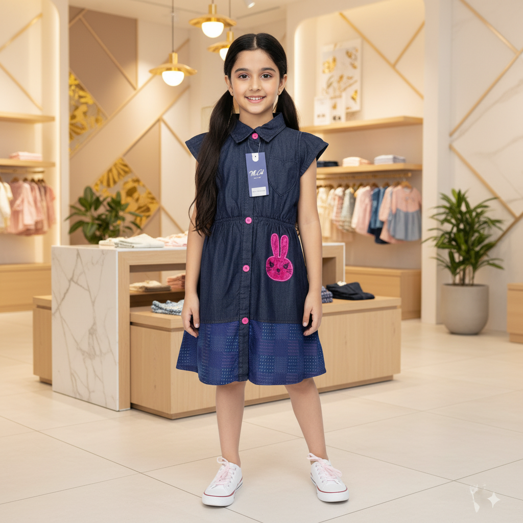 Girls Navy Blue Cap Sleeve Shirt Dress with Button Front & Cute Patch Detail (2–12 Years)