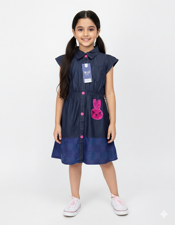 Girls Navy Blue Cap Sleeve Shirt Dress with Button Front & Cute Patch Detail (2–12 Years)