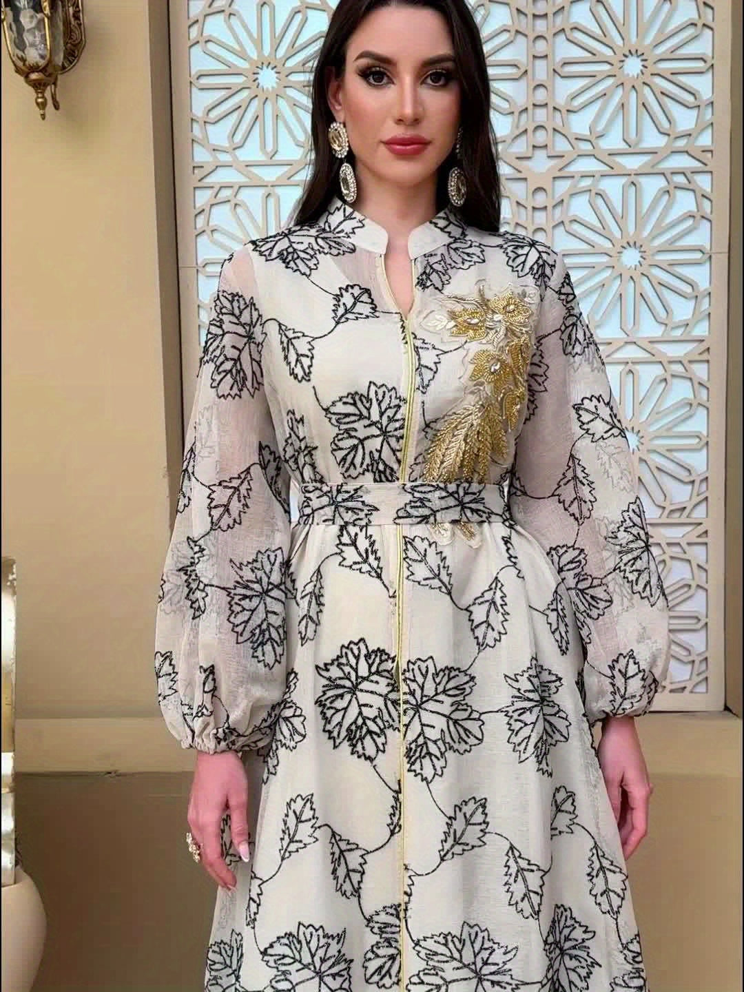 Dubai Floral Embroidery Belted Dress Belt included Lantern Sleeve/MH