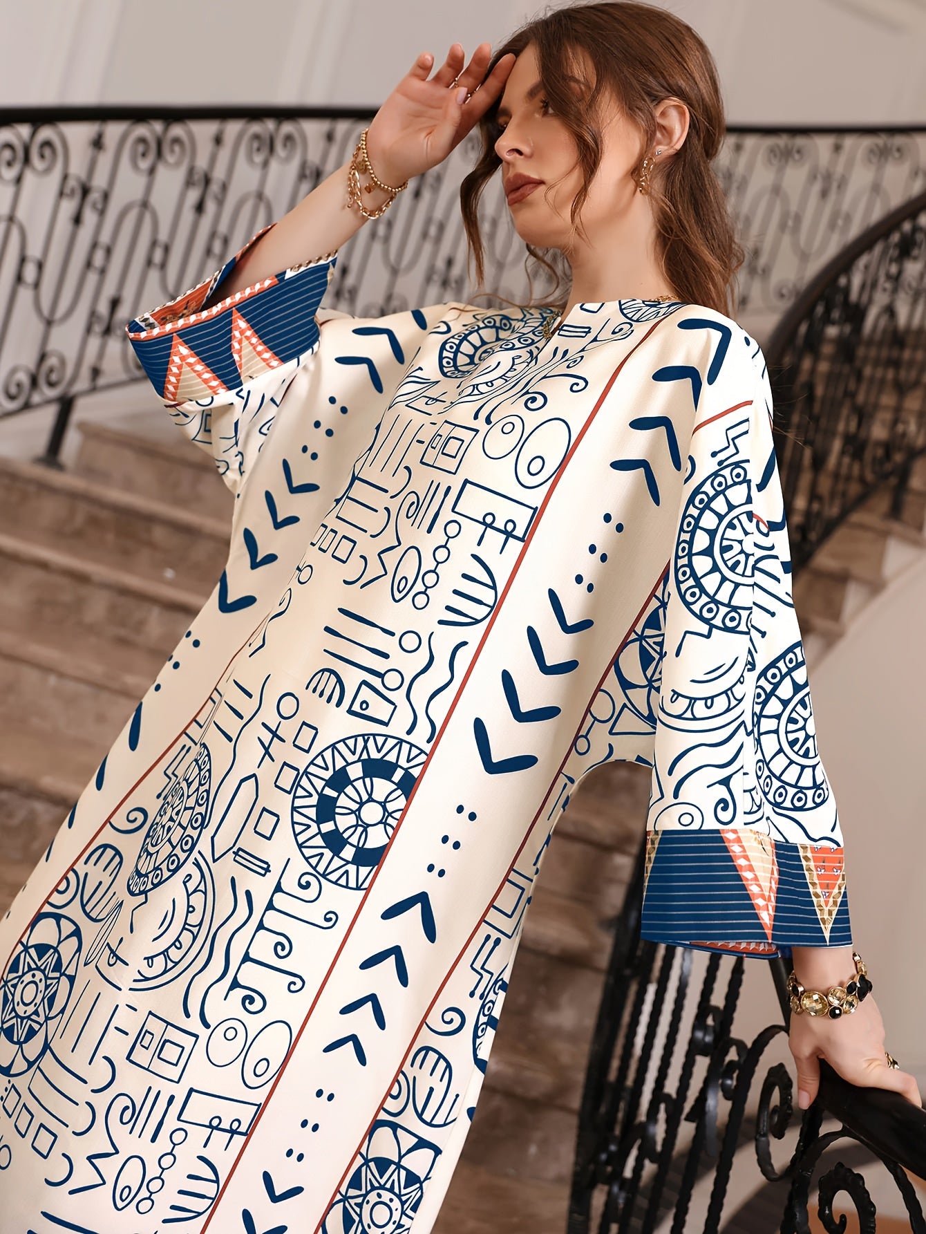 Allover Print Long Sleeve Kaftan Dress, /MH