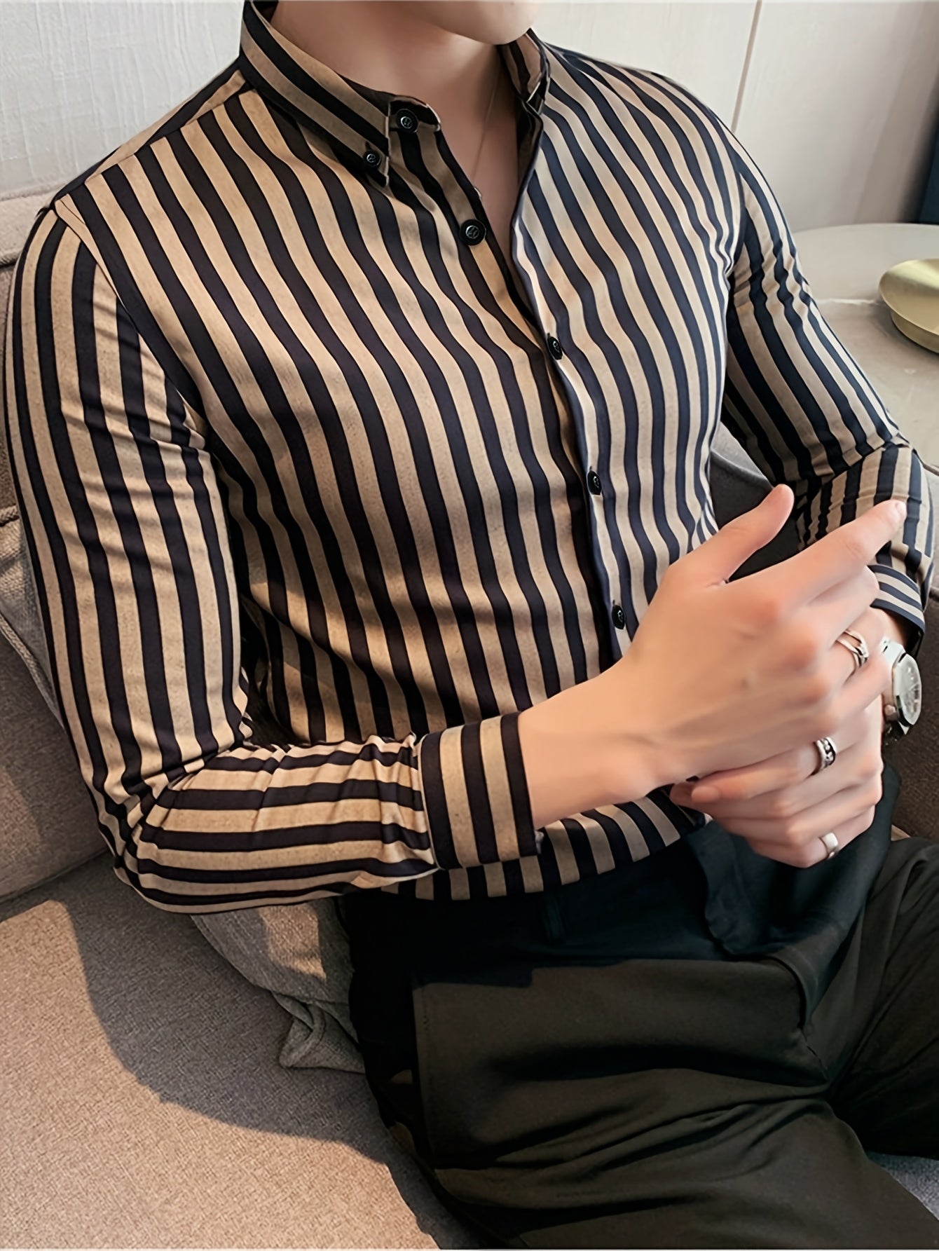 Men's Striped Lapel Collar Design Dress Shirts,