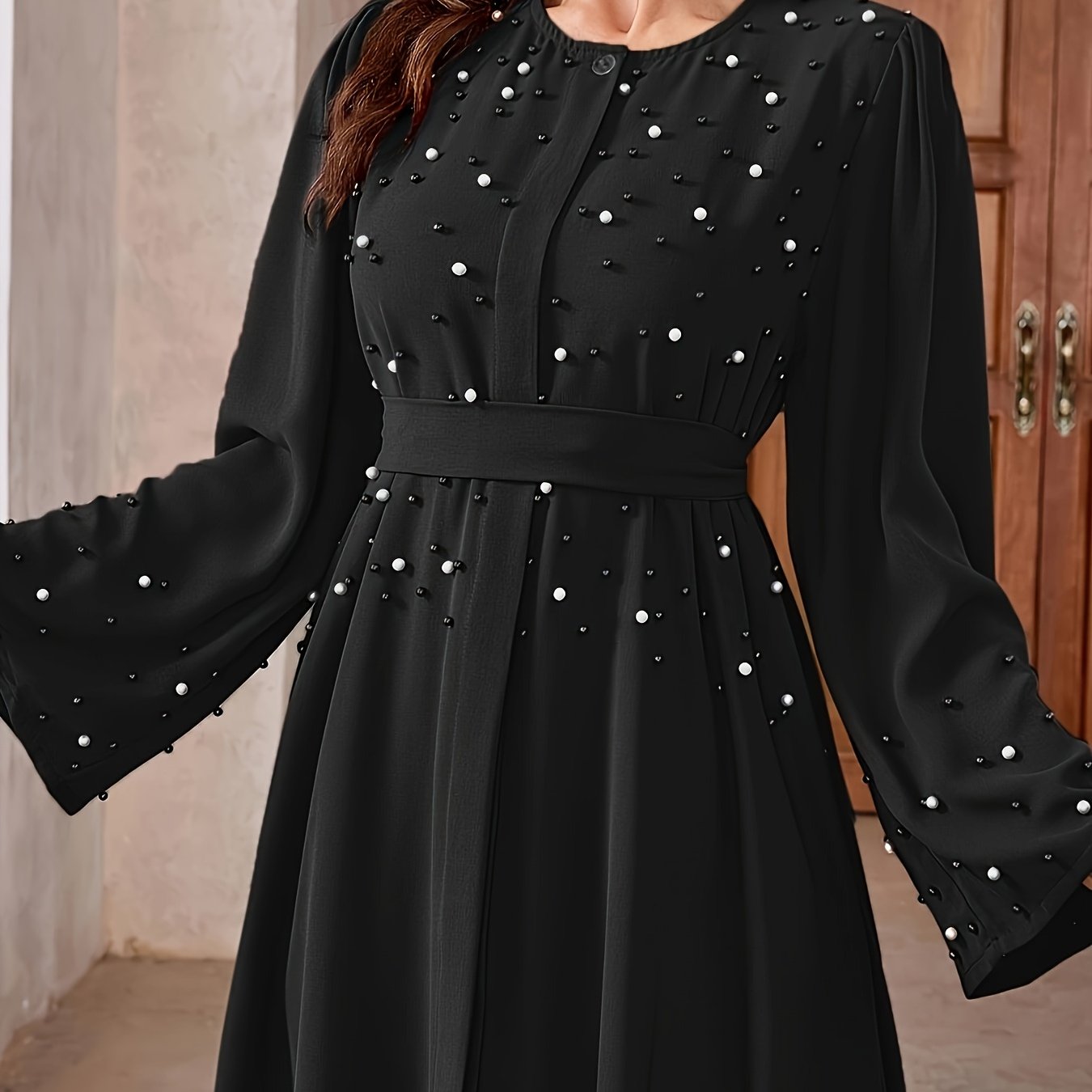 Elegant Pearl Embellished Burgundy Abaya./MH