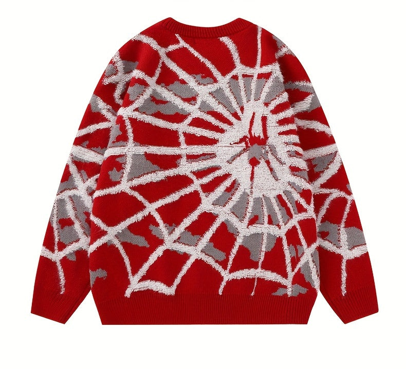 Spider Cobweb Pattern Knitted Sweater, Men's Casual Warm.