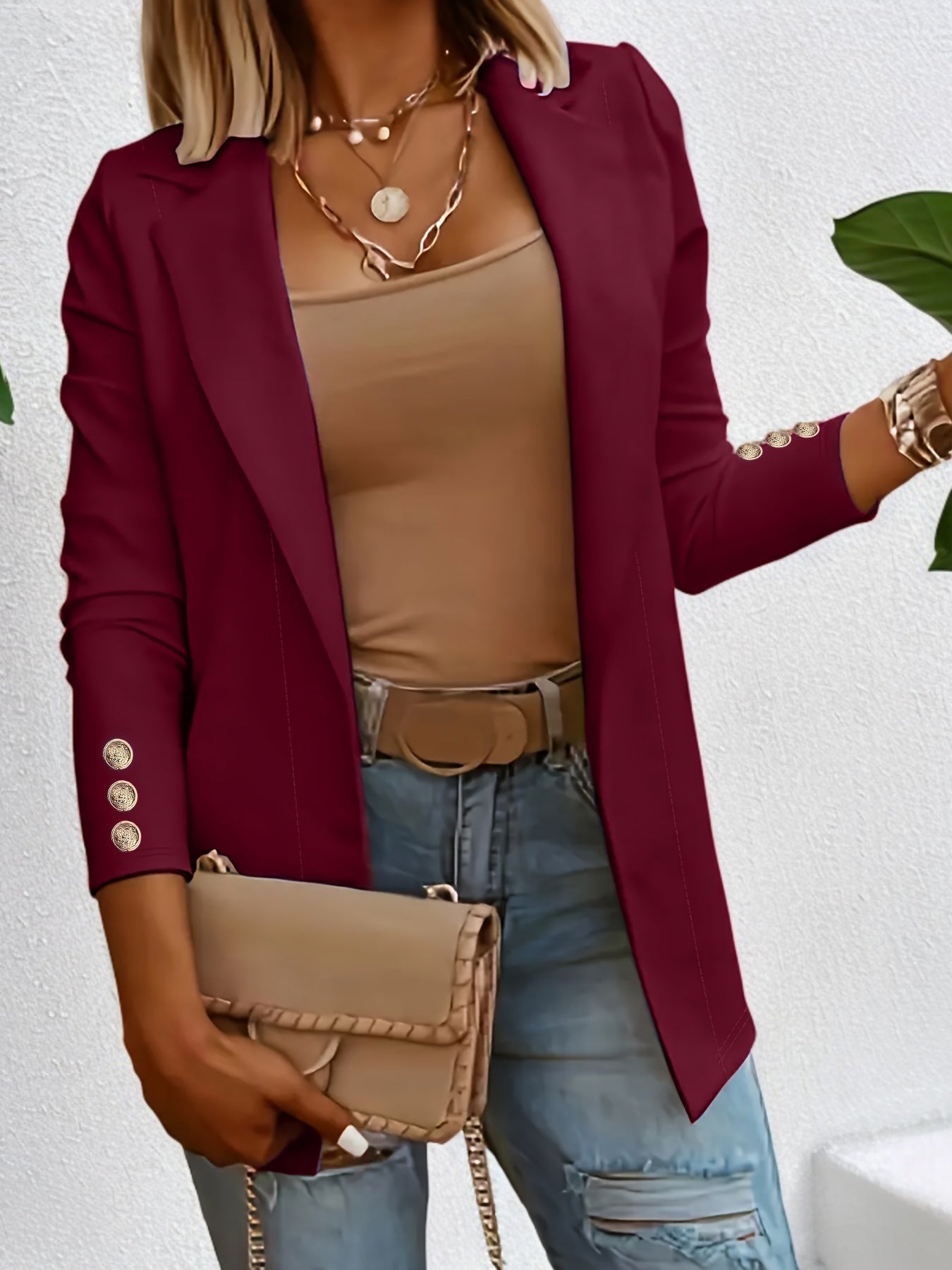 Solid Open Front Lapel Blazer, Elegant Button Decor Long Sleeve Blazer.