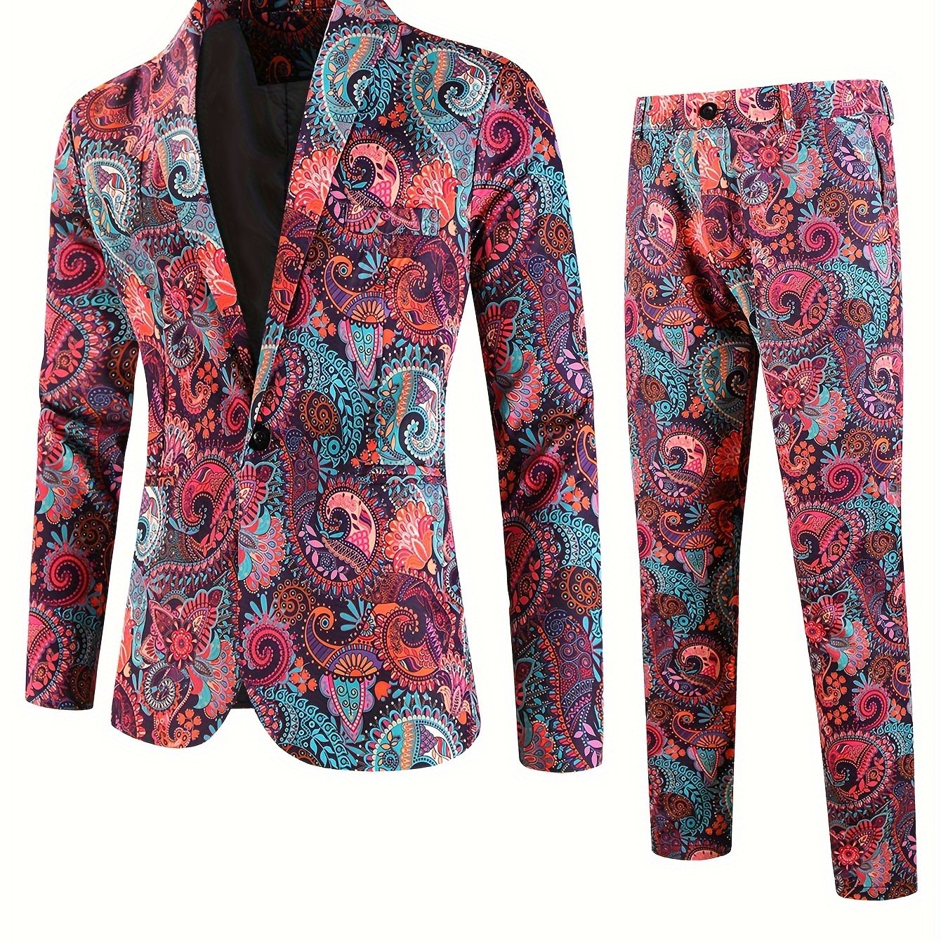 2pcs Men's Fashion Casual Suit Set, 3D Vibrant Paisley Print Blazer.