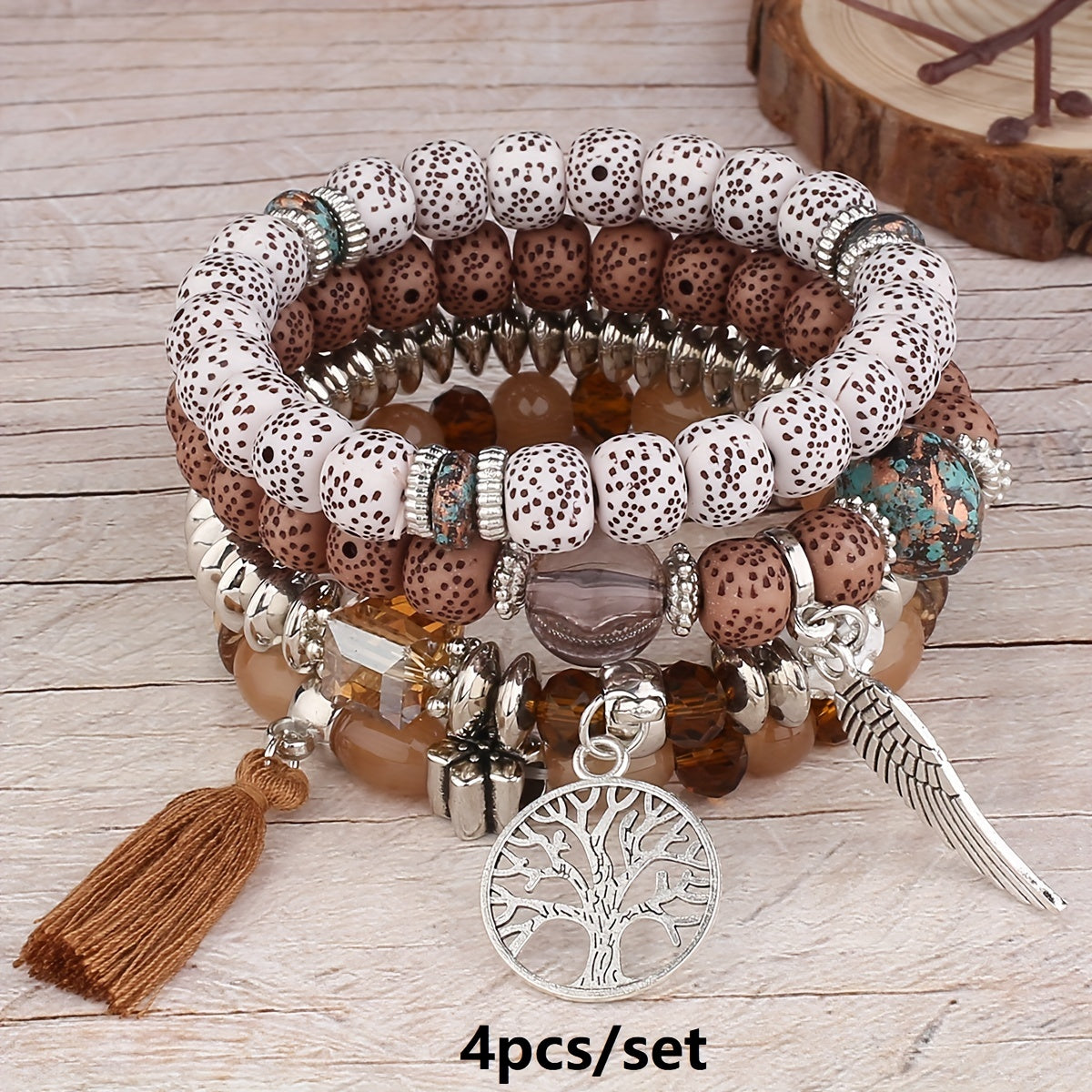 4pcs/set Bohemian Hand String, Tree Of Life Feather Wings Pendant Bracelet, Tassel Couple Handmade Unisex Bracelet, Father's Day Gift