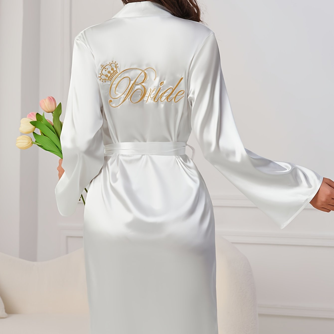 Elegant White Satin Robe for Women with Golden "BRIDE" Embroidery - V-Neck