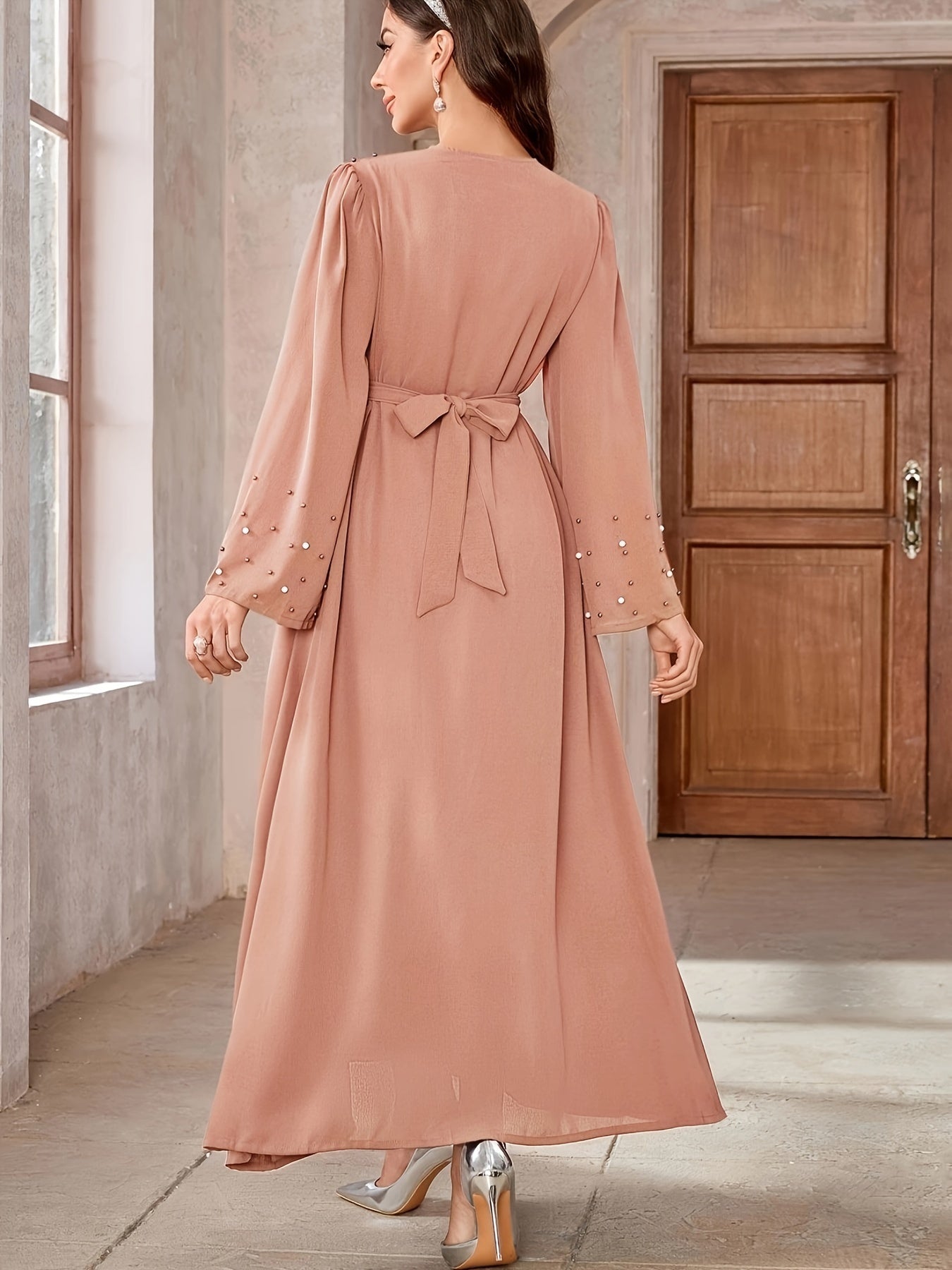 Elegant Navy Blue Abaya with Pearl Embellishments and Belt -/MH