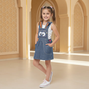 Girls' Embroidered Denim Pinafore Dress – Character Overall Pinafore with Cross-Back Straps (6-36 Months) | MH