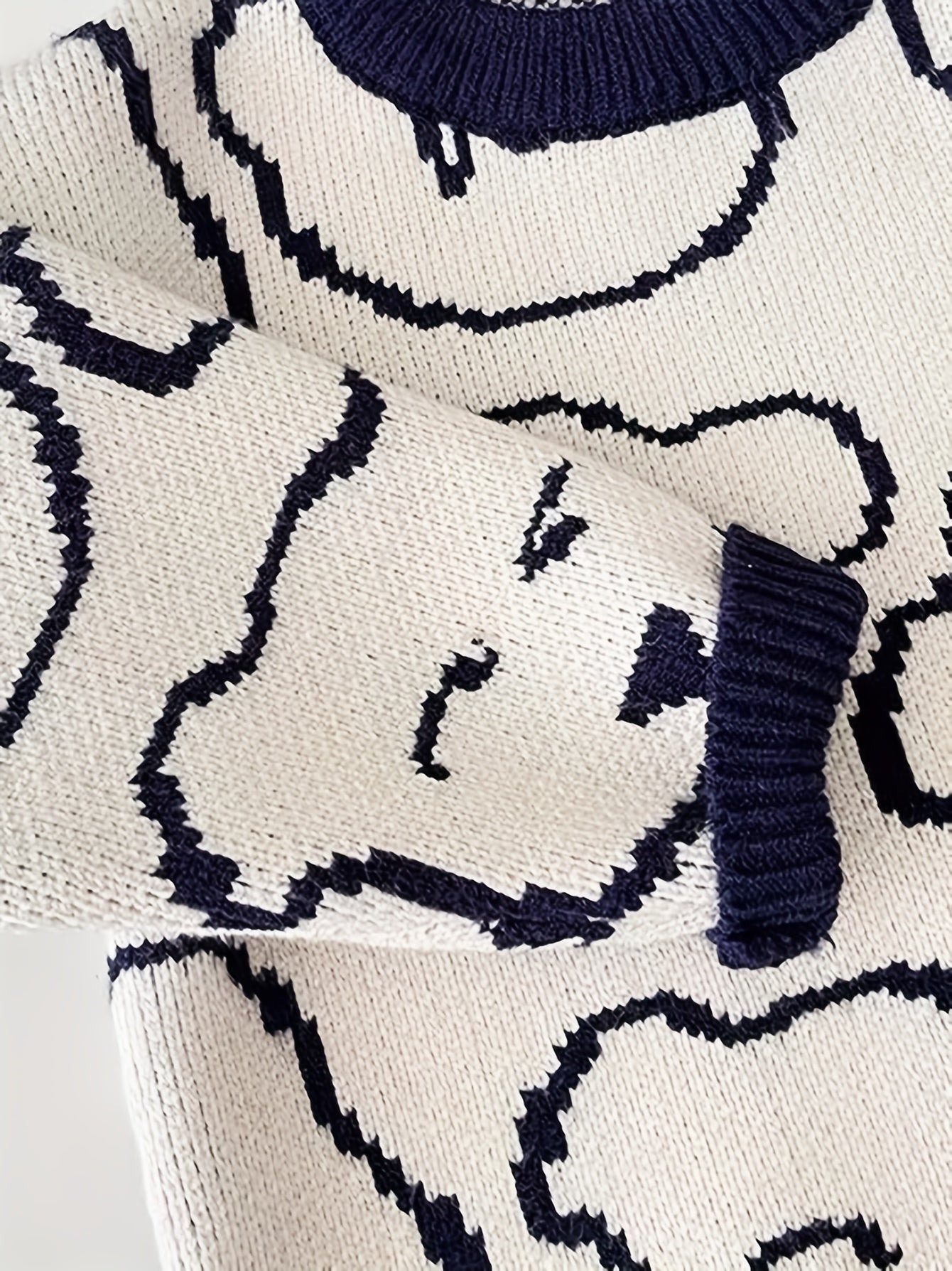 Bear Pattern Kid's Sweater, Color Clash Cable Knit Pullover,