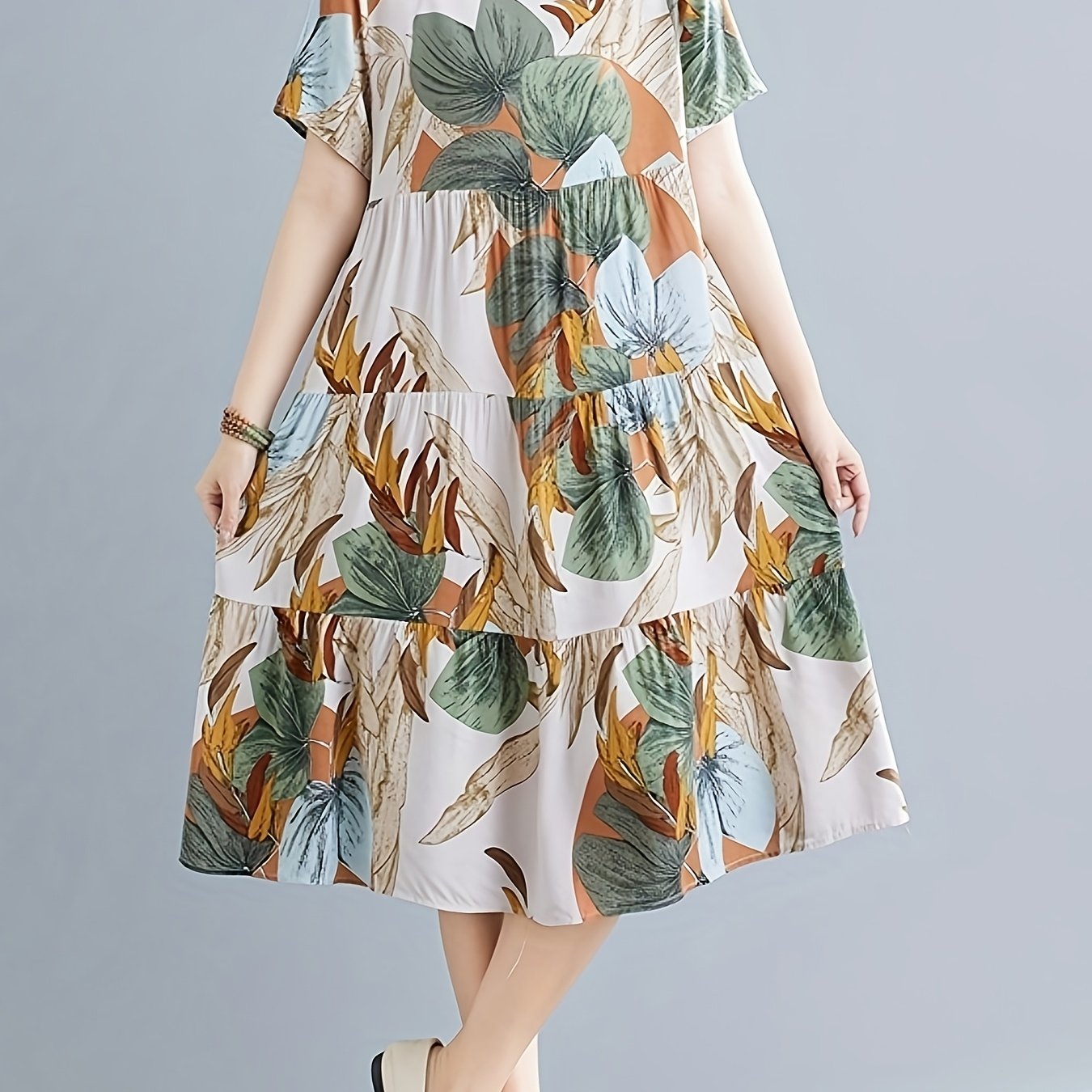 Paisley Print Crew Neck Dress, Casual Short Sleeve Loose Fit Dress./MH