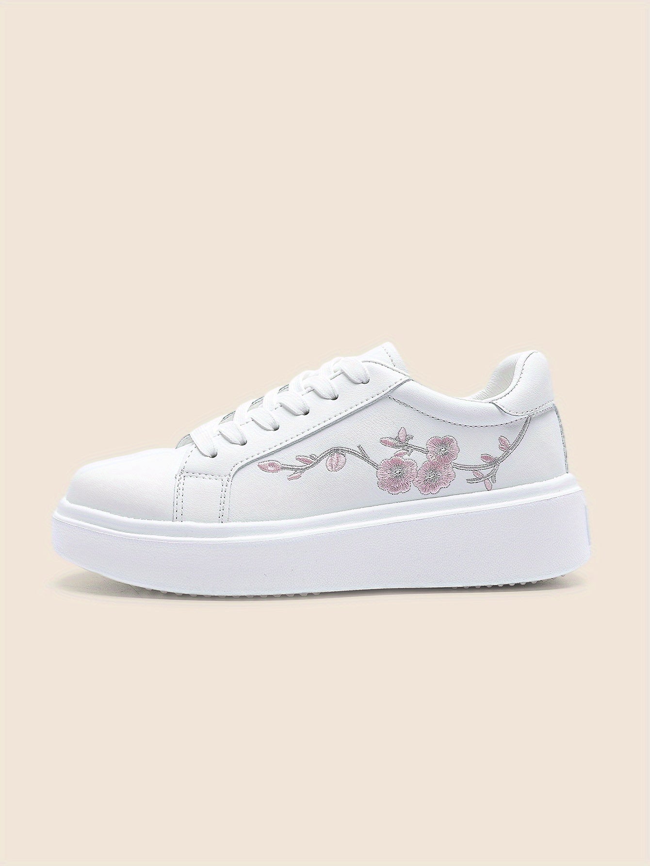 Women's White Low-Top Lace-Up Sneakers with Floral Embroidery,