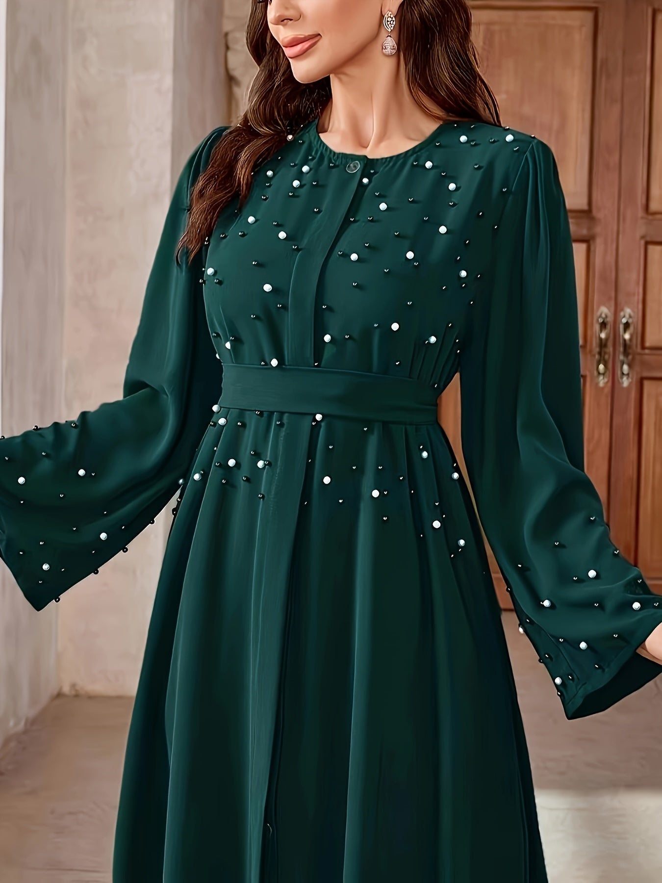 Elegant Pearl Embellished Burgundy Abaya./MH
