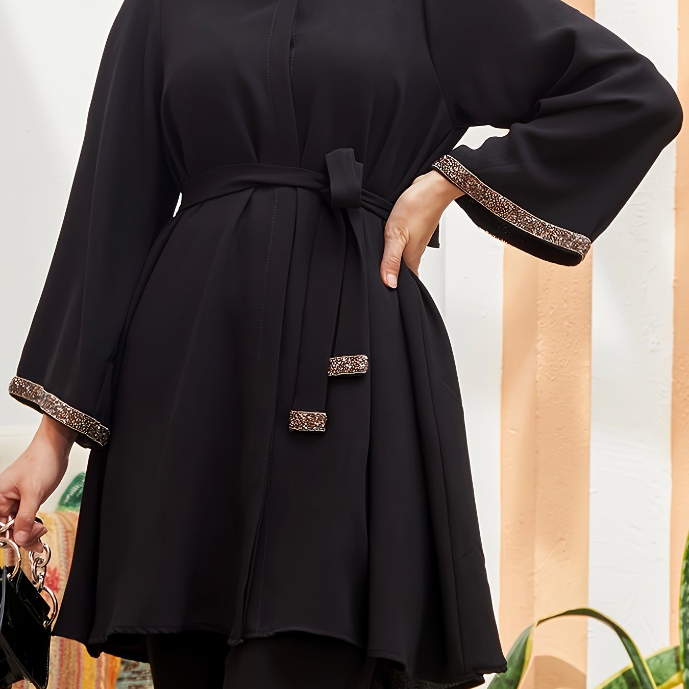Contrast Trim Belted Button Front Kaftan Shirt, /MH