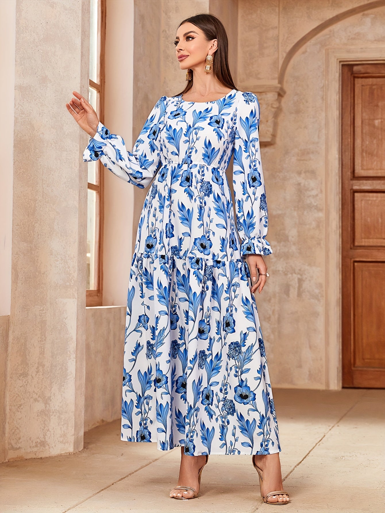 Floral Print Crew Neck Kaftan Dress, /MH