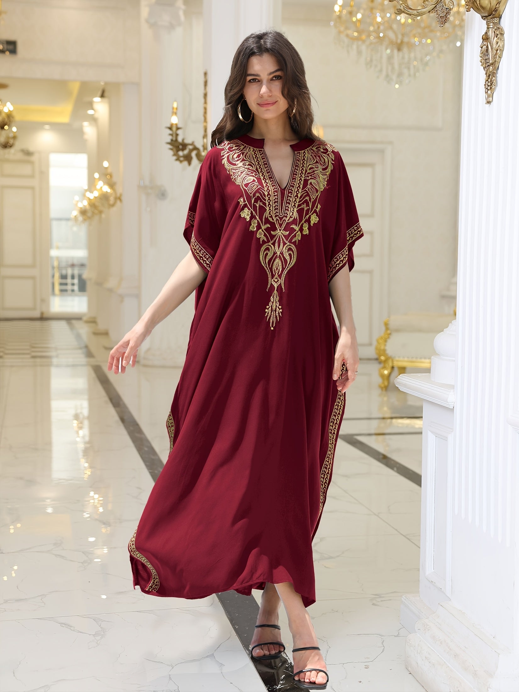 EDOLYNSA Plus Size Embroidered V-Neck Kaftan Dress, /MH