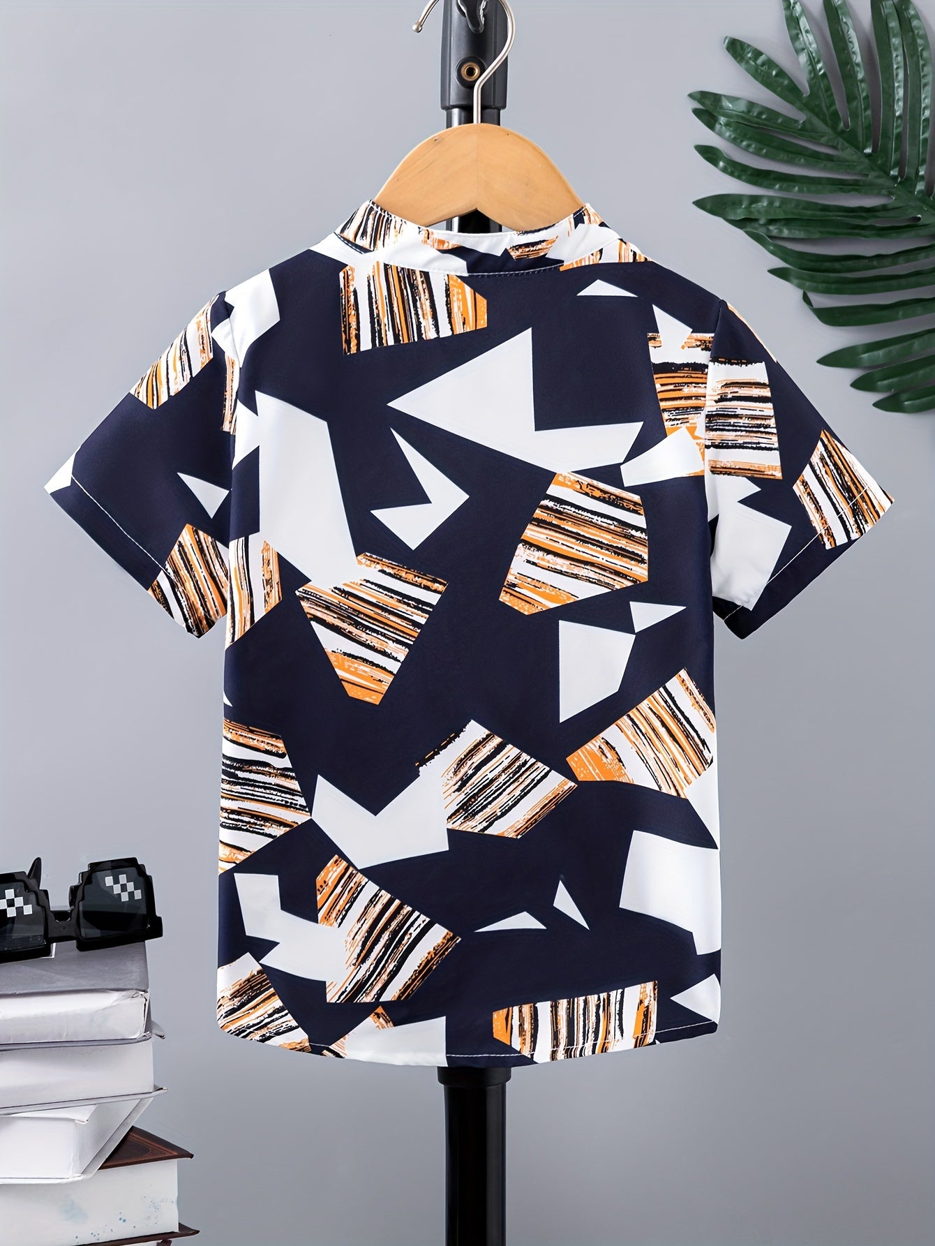 Boy's Creative Geo Color Block Stand Collar Button Down Shirt,