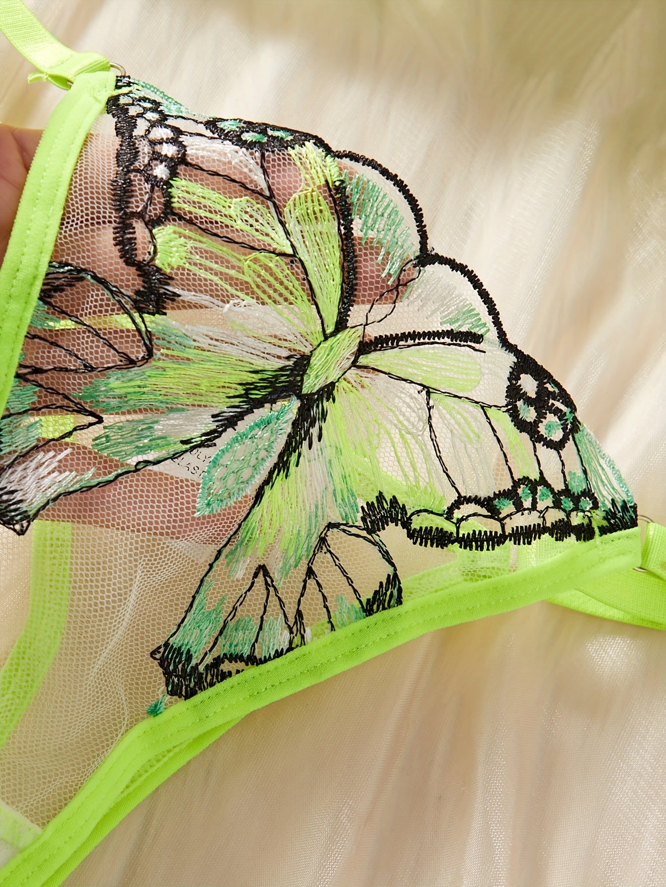 Butterfly Embroidery Mesh Lingerie Set, Strappy Plunge Bra & Thong, /MH