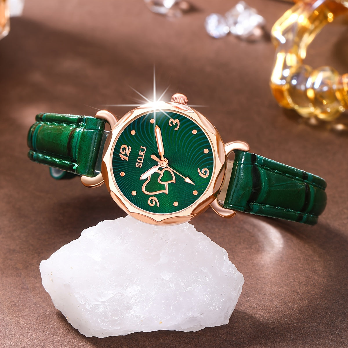 Ladies Watch1pcs Ladies Watch Fashion Casual Peach Heart Dial Quartz Watch and 5pcs Peach Heart Pendant Set Watch for Women, for Spring
