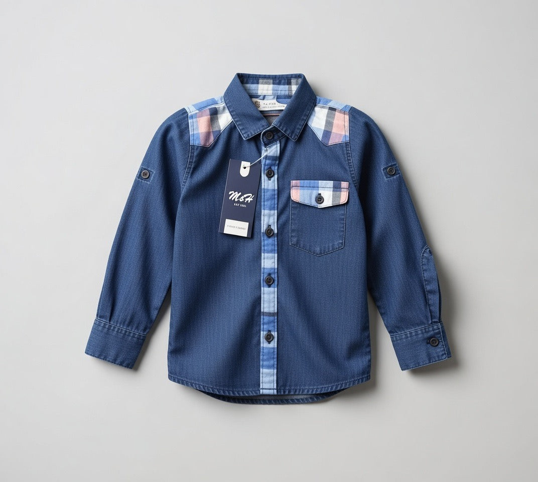 Boys Navy Blue Cotton Long Sleeve Shirt | Pink Plaid Contrast Yoke & Pocket | Ages 2–12 Years | MH